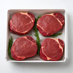 A Box of fresh ribeye steaks with rosemary on white background