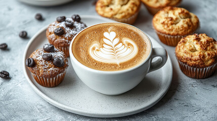 Cup of coffee with latte art sits on plate surrounded by muffins, creating cozy and inviting scene