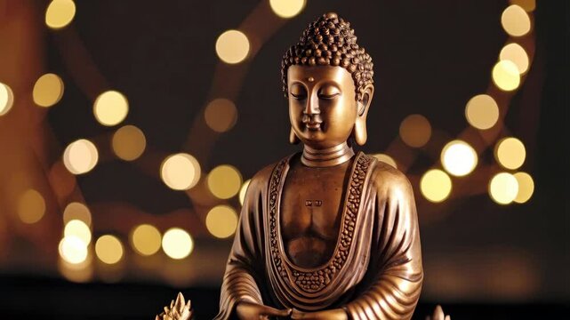 Bronze Buddha statue in meditative pose with blurred bokeh lights in the background, serene religious sculpture for spiritual themes.