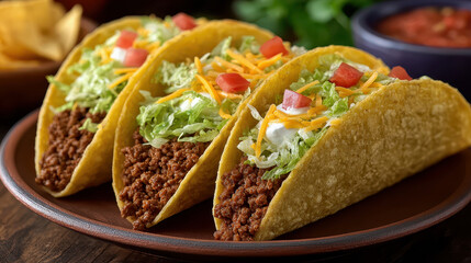 Three ground beef tacos with lettuce, cheese, and tomatoes on plate