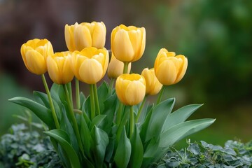 Obraz premium Yellow tulips with smooth petals stand in a garden with leafy green surroundings