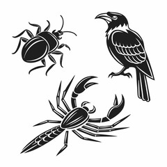 Black and white illustrations of beetle, crow, scorpion