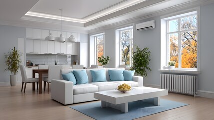 Fototapeta premium Modern Apartment Living Room Interior Design with White Sofa Blue Pillows and Autumn View
