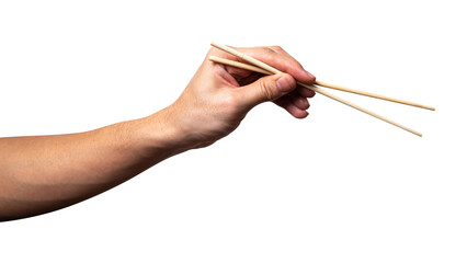 Male hand holding a wood chopstick isolated on white background.
