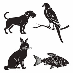 Professional pet silhouettes dog cat parrot fish isolated