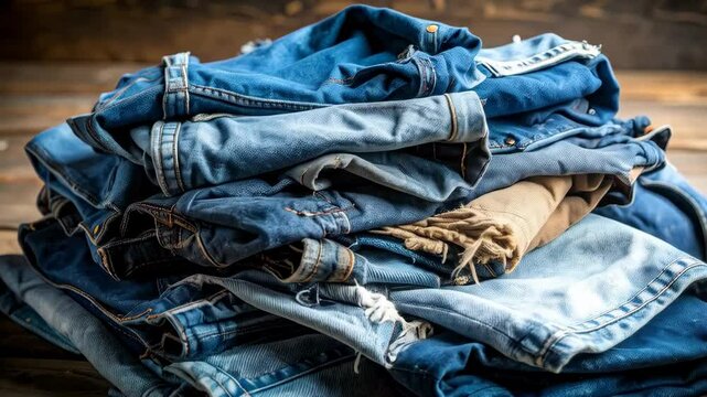 Pile of casual folded blue jeans, denim pants on a rustic wooden table, casual clothing, wardrobe item, apparel store, sale