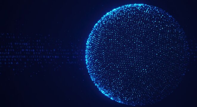 Abstract glowing sphere of digital data and binary code on a dark blue background