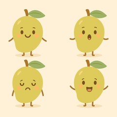 Cute mango fruit characters with various expressions: smiling, surprised, sad, and happy. Ideal for kawaii designs, stickers, kids' projects, or fun food illustrations.