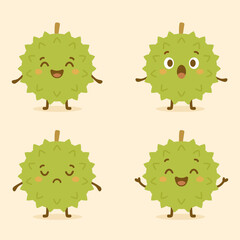 Adorable set of durian fruit characters with various expressions: happy, surprised, sad, and cheerful. Perfect for stickers, kawaii designs, or fun fruit-themed projects.