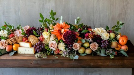 Elegant floral centerpiece with cheeses, fruits, and crackers - Powered by Adobe