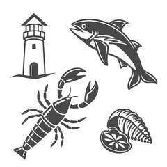 Professional seafood icons lighthouse lobster fish shell cutout