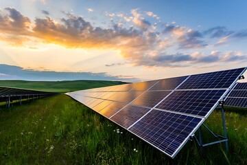 Golden sunset illuminates vast solar panels in a verdant field