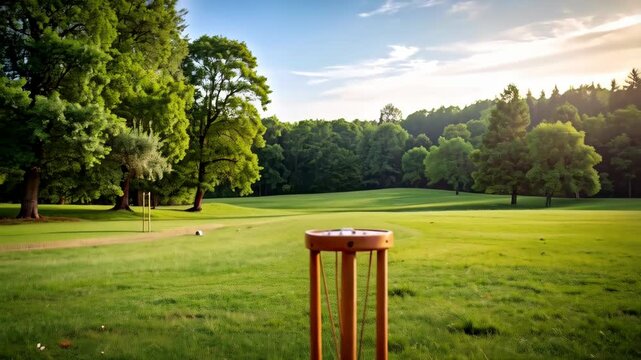 Tranquil scene of a croquet wicket with ball on a lush green lawn and distant course in serene setting.
