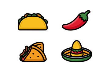 Fototapeta premium Mexican cuisine icons include tacos, red pepper, and sombrero against a transparent background.