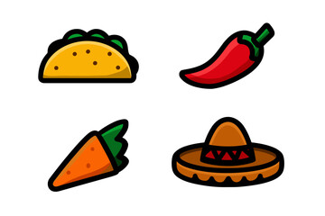 Mexican Icons: Taco, Chili Pepper, Maraca, and Sombrero on a dark transparent background.