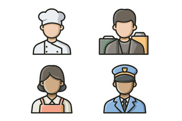 Fototapeta premium Diverse professional avatars depicting occupations like chef, photographer, and more.