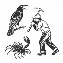 Professional vector illustration crow scorpion miner