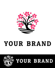 Obraz premium Elegant cherry blossom tree logo with blooming pink flowers and stylish branches