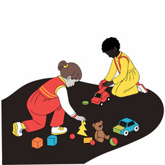 Diverse children playing with toys, clean cutout image