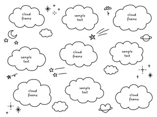手書き風の雲のフレームのベクターイラストセット。枠、おしゃれ、落書き