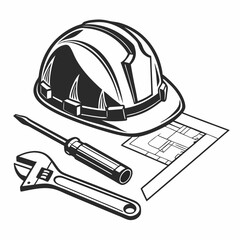 Professional construction helmet tools blueprint design element