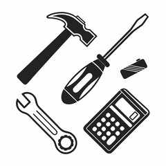 Tools hammer screwdriver wrench calculator battery repair maintenance