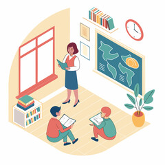 Teacher and students studying geography in classroom