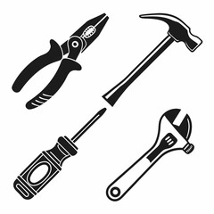 Black and white tool icons hammer pliers wrench screwdriver