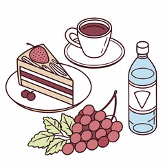 Delicious cake coffee grapes water bottle illustration