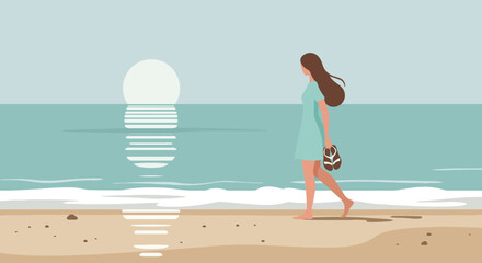 Woman walking on a sandy beach with light turquoise waves and a bright sun in the background