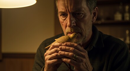 A Man Contemplating a Wooden Bird