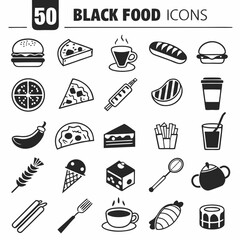 Fifty professional black food icons isolated on white