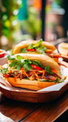 Close up shot of delicious bánh mì sandwiches on a wooden plate with fresh ingredients outdoors
