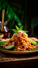 Close up of pad thai with lime wedges and basil on a plate with tropical background scenery