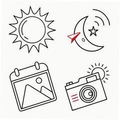 Clean line icons sun moon calendar camera transparent background