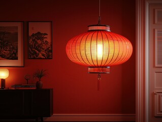 Red Chinese lantern hanging in a dimly lit room