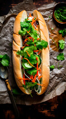 A close up of a banh mi sandwich filled with fresh vegetables on a rustic paper background view from above