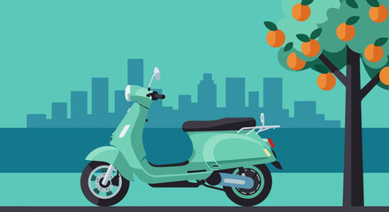 Mint green Vespa scooter with black seat parked on urban road beside orange fruit tree