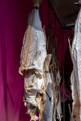 Dtied on air or salted stock fish on sea promenade in Oostende, Belgium