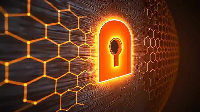 Futuristic digital lock symbolizing cybersecurity with hexagonal patterns in a glowing background