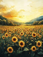 Obraz premium A vibrant, impressionistic watercolor painting of a golden sunflower field in warm sunlight, showing dynamic brushstrokes and rich, warm tones, perfect for wall art, home decor, or high-quality print.