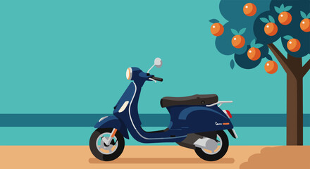 Blue Vespa scooter with Italian flag parked on beach with orange fruit tree