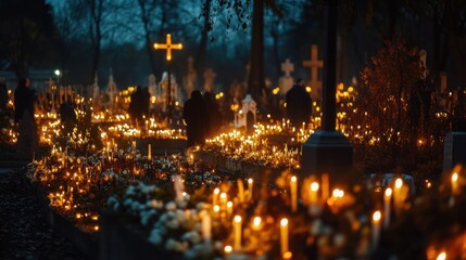 Fototapeta premium Cemetery illuminated by candles during the night of the dead remembrance day