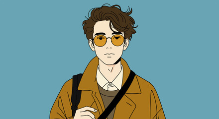 Young man with short dark brown hair, yellow-tinted sunglasses, and a brown jacket over a green shirt