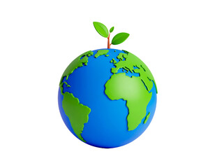 3d world globe with little green plant isolated on transparent png