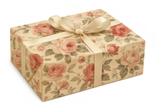 Vintage-patterned gift box wrapped in soft floral paper, secured with delicate beige ribbon, resting on transparent background for elegant celebration presentation