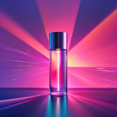 Vibrant pink and purple glowing perfume bottle with dynamic colorful light rays creating a futuristic and glamorous aesthetic