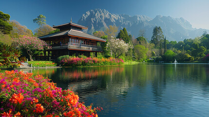 Breathtaking Mountain Majesty Over Serene Lake: Vibrant Floral Landscape with Lush Forest Surroundings.