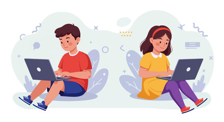 Two children using laptops on cloud-like surfaces in a whimsical, colorful indoor setting
