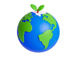 3d world globe with little green plant isolated on transparent png